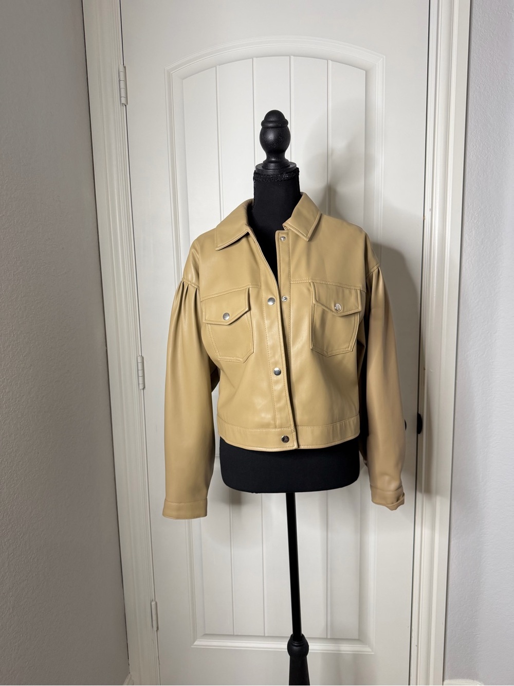 TAHARI Womens Cropped Faux Leather Jacket - Beige/Olive